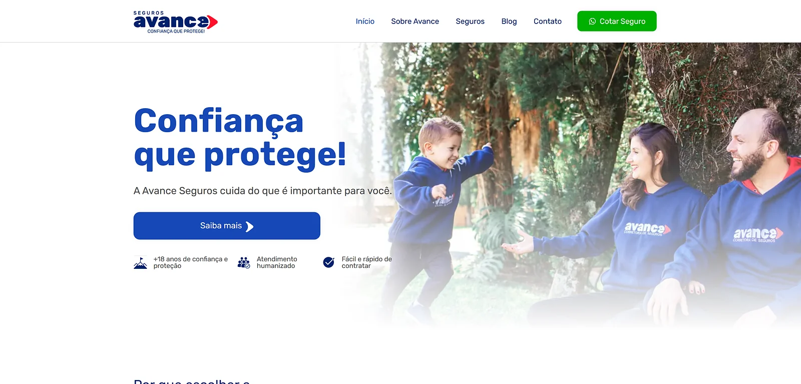 Página inicial do site Avance Seguros, criado pela Altvision Web