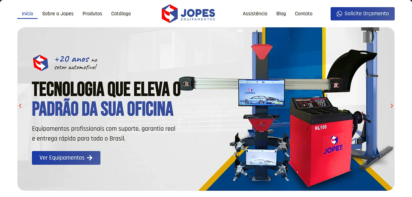 Página inicial do site Jopes Equipamentos, criado pela Altvision Web