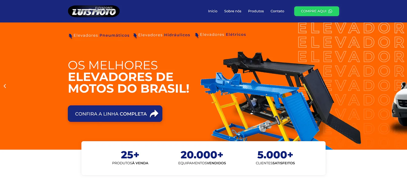Página inicial do site Elevadores Luismoto, criado pela Altvision Web